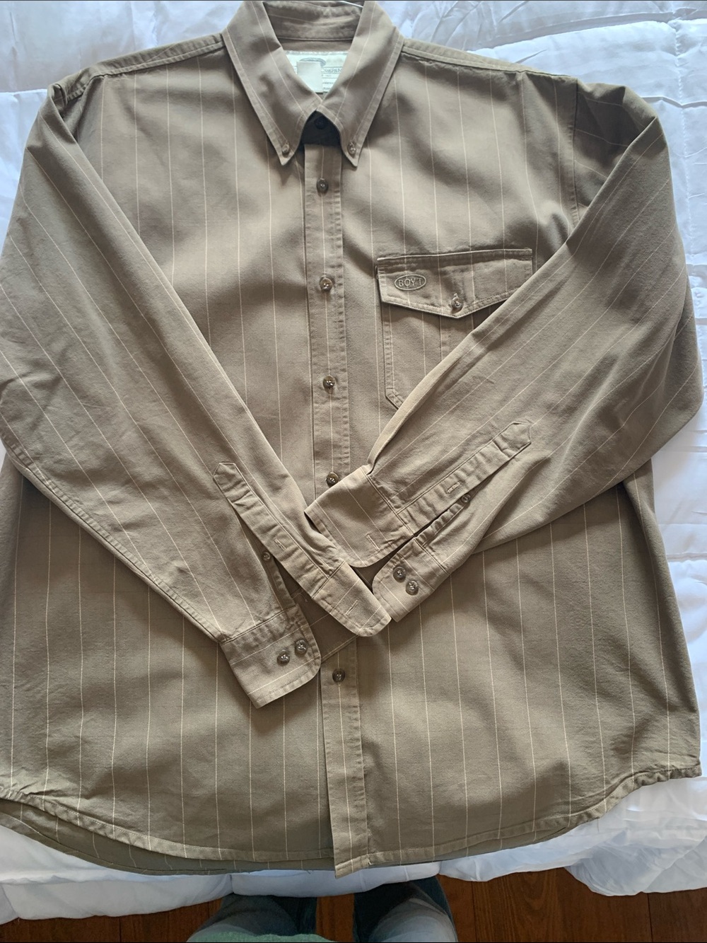 Boyt Harness Company Men's Tan Pinstripe Button-Down Shirt Men’s XL long sleeve